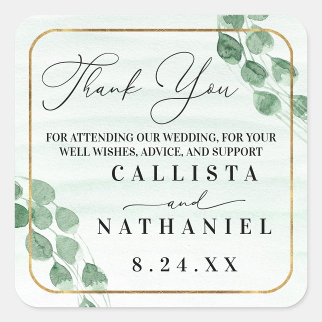 Sage Green Eucalyptus Garland Gold Oval Wedding Square Sticker (Front)