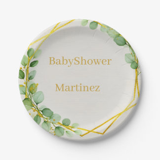 Sage Green Eucalyptus Gold Baby Shower Paper Plate