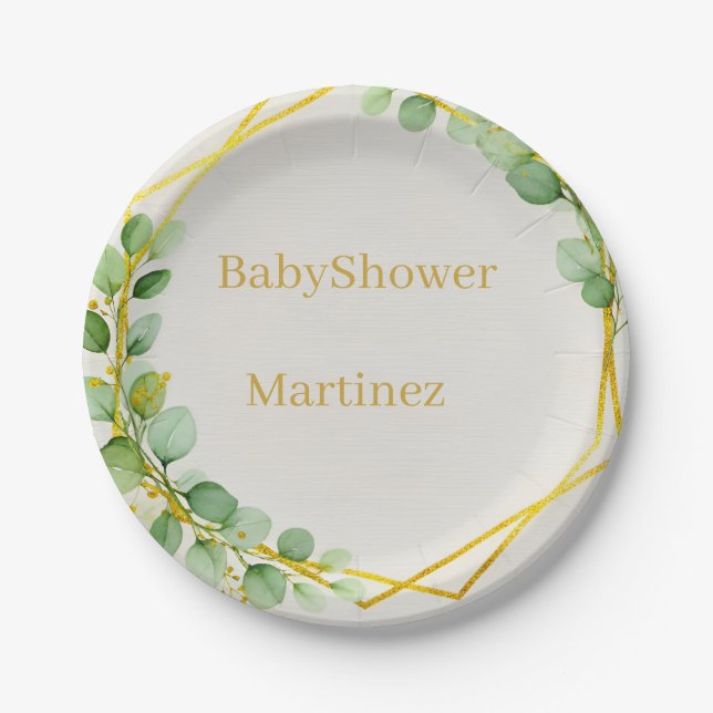 Sage Green Eucalyptus Gold Baby Shower Paper Plate (Front)