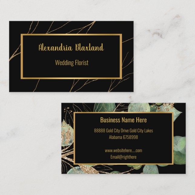 SAGE GREEN EUCALYPTUS GOLD BLACK 2 BUSINESS CARD (Front/Back)