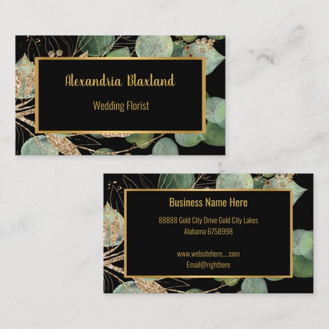 SAGE GREEN EUCALYPTUS GOLD BLACK BUSINESS CARD (Front/Back)