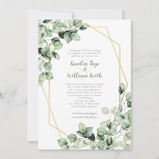 Sage Green Eucalyptus Gold Geometric Wedding Invitation (Front)