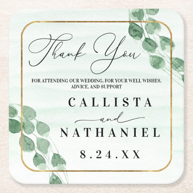 Sage Green Eucalyptus Gold Wedding Thank You Square Paper Coaster (Front)
