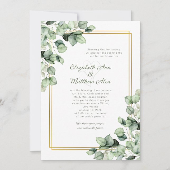 Sage Green Eucalyptus Greenery Gold Frame Wedding Invitation (Front)