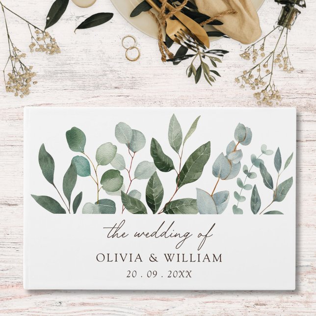 Sage Green Eucalyptus Greenery Wedding Leaves Guest Book (In situ)