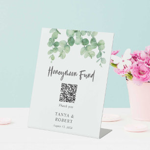 Sage Green Eucalyptus Honeymoon Fund QR Code Pedestal Sign
