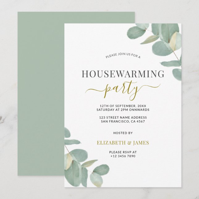 Sage Green Eucalyptus Housewarming Party Invitation (Front/Back)