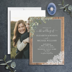 Sage Green Eucalyptus Lace Wood Script Photo Invitation