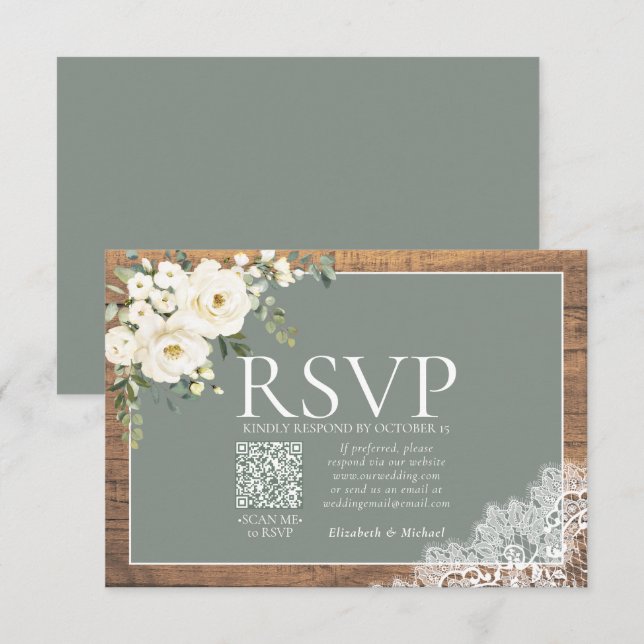 Sage Green Eucalyptus Lace Wood Wedding QR RSVP (Front/Back)