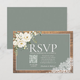 Sage Green Eucalyptus Lace Wood Wedding QR RSVP Card