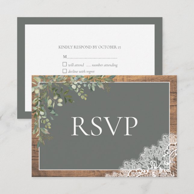 Sage Green Eucalyptus Lace Wood Wedding RSVP (Front/Back)