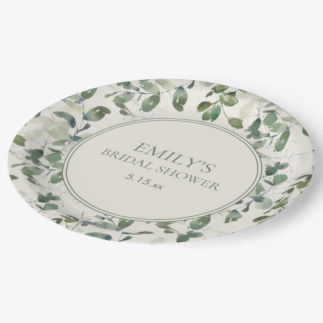 Sage Green Eucalyptus Leaves Cream Bridal Shower Paper Plate (Angled)