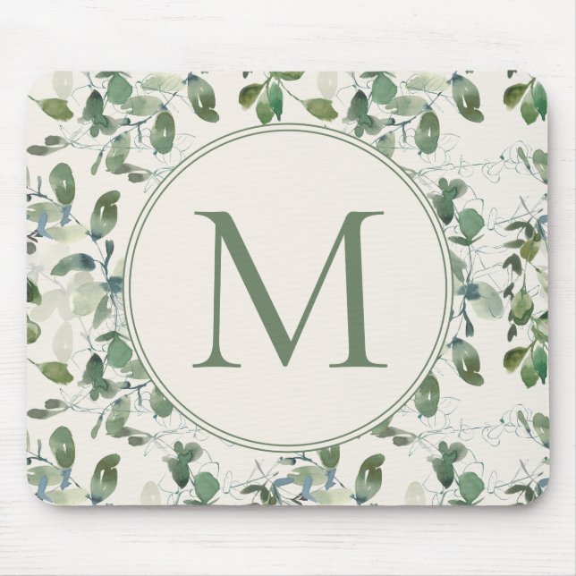 Sage Green Eucalyptus Leaves Cream Monogram Mouse Mat (Front)