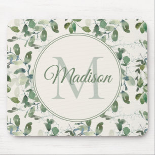 Sage Green Eucalyptus Leaves Cream Monogram Name Mouse Mat