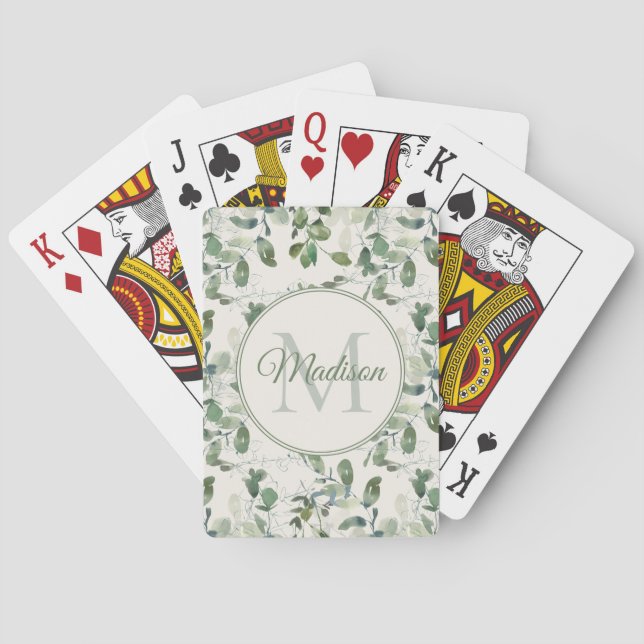 Sage Green Eucalyptus Leaves Cream Monogram Name Playing Cards (Back)