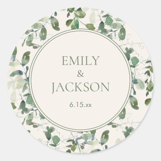 Sage Green Eucalyptus Leaves Cream Wedding Classic Round Sticker (Front)
