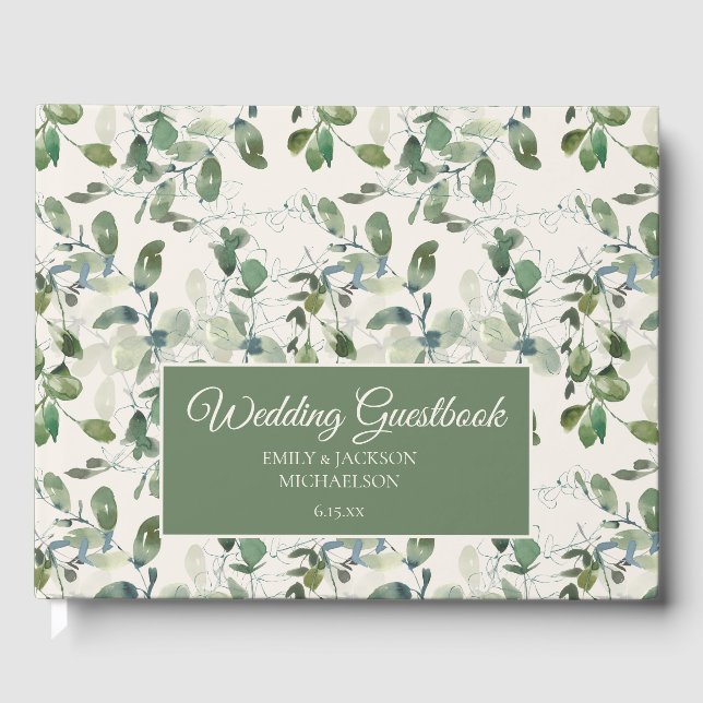 Sage Green Eucalyptus Leaves Cream Wedding Guest Book (Front)