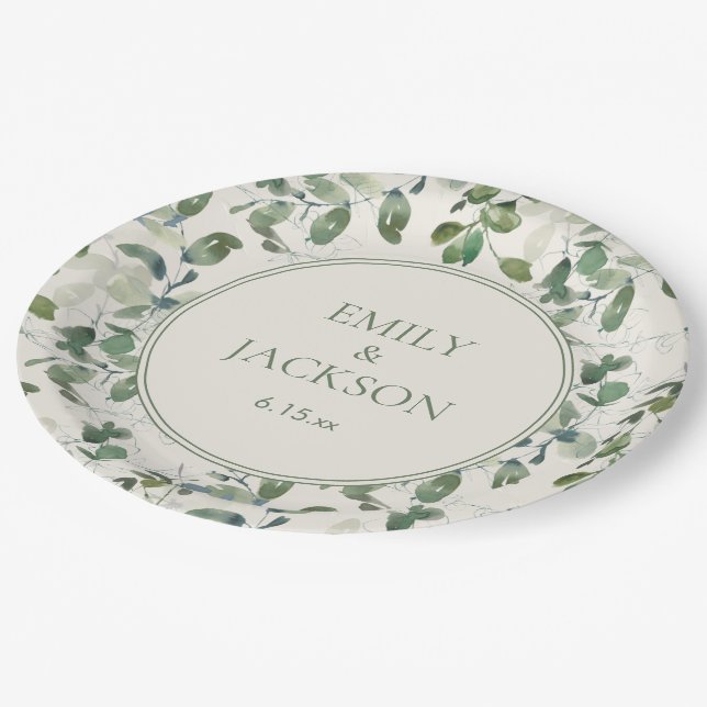 Sage Green Eucalyptus Leaves Cream Wedding Paper Plate (Angled)
