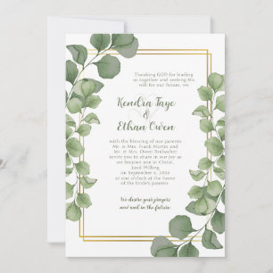 Sage Green Eucalyptus Leaves Gold Frame Wedding Invitation