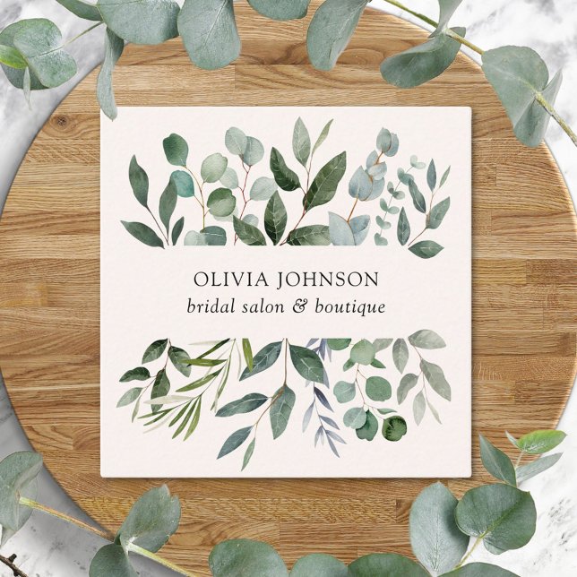 Sage Green Eucalyptus Leaves Square Business Card (In situ)