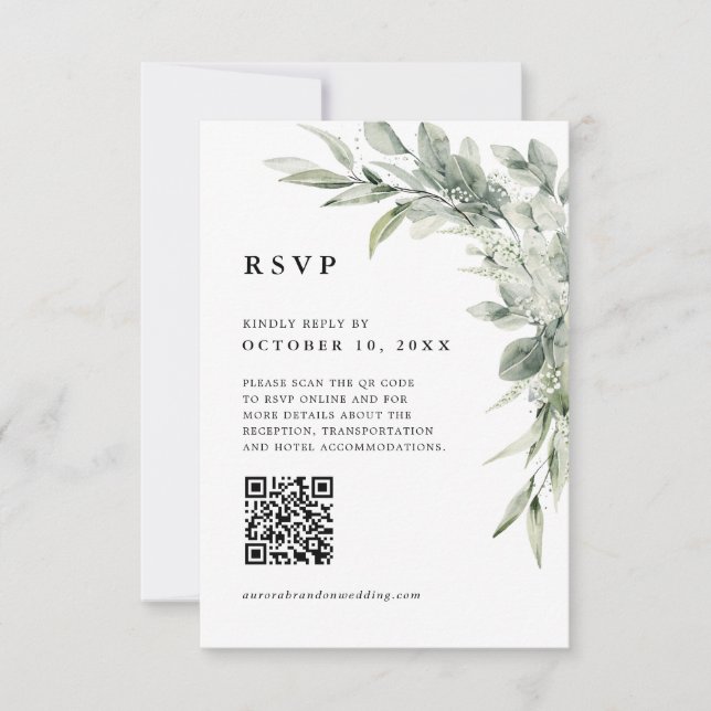 Sage Green Eucalyptus Minimalist Botanical QR code RSVP Card (Front)