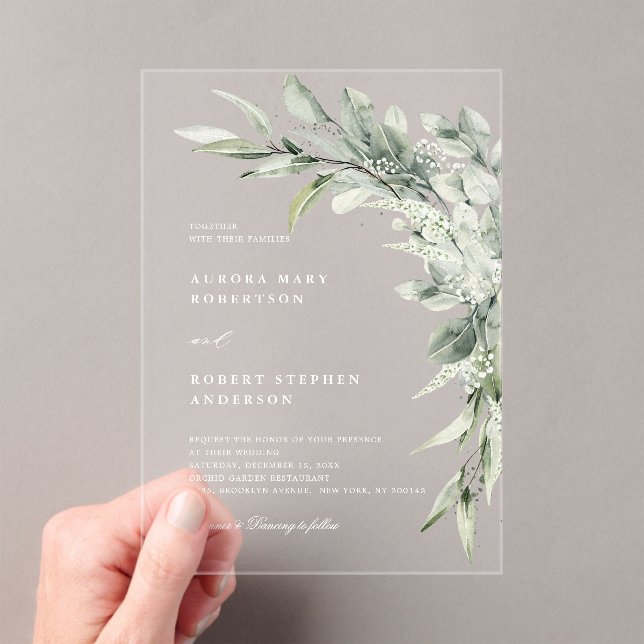 Sage Green Eucalyptus Minimalist Botanical Wedding Acrylic Invitations (Insitu (Handheld))