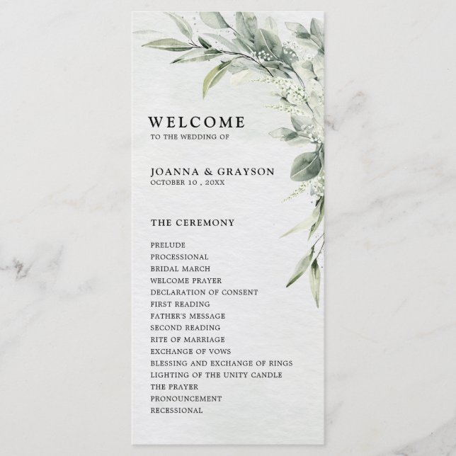 Sage Green Eucalyptus Minimalist Botanical Wedding Programme (Front)
