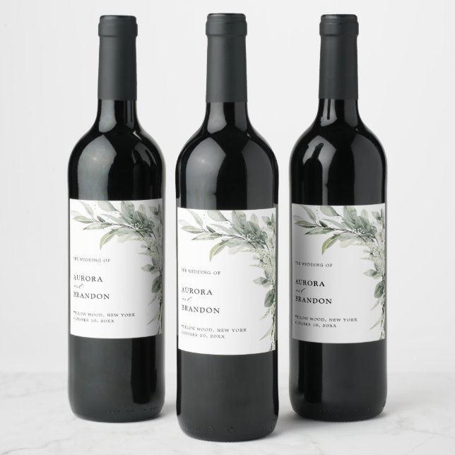 Sage Green Eucalyptus Minimalist Botanical Wedding Wine Label (Bottles)