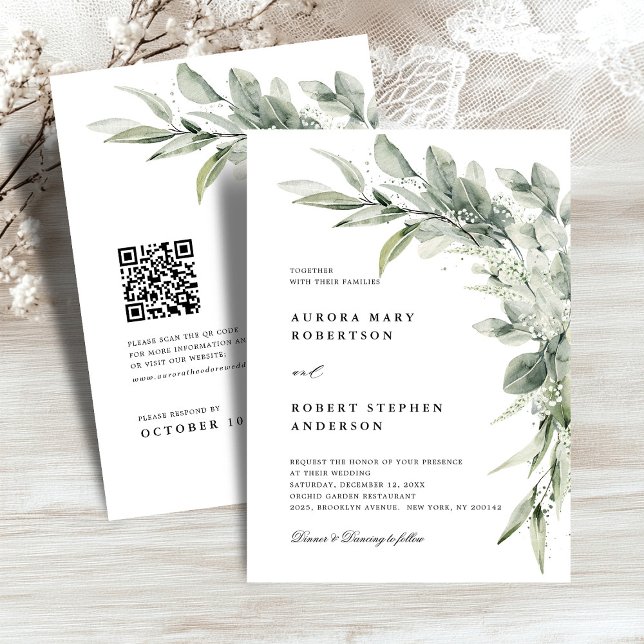 Sage Green Eucalyptus Minimalist QR code Wedding Invitation (Sage Green Eucalyptus Minimalist QR code Wedding Invitation)