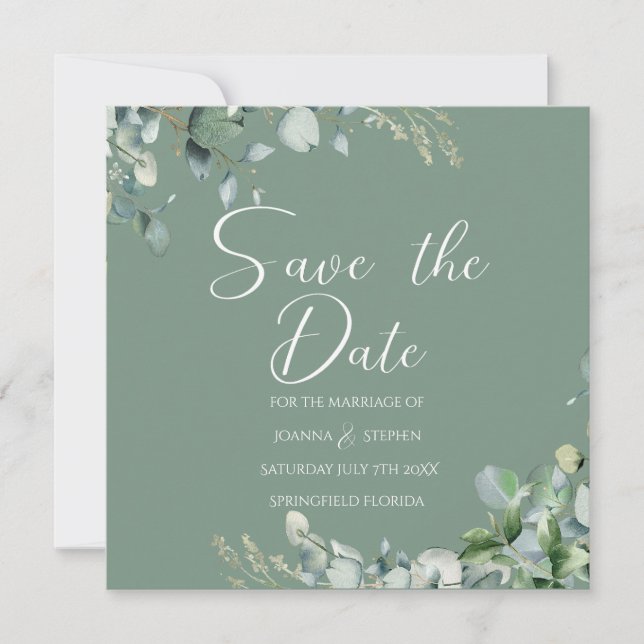 Sage green eucalyptus minimalist save the date invitation (Front)