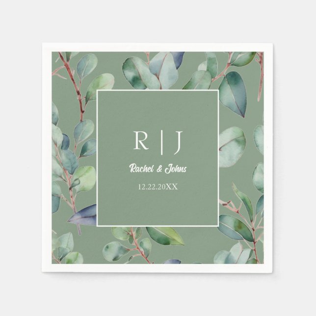 Sage Green Eucalyptus Monogram Greenery Wedding Napkin (Front)