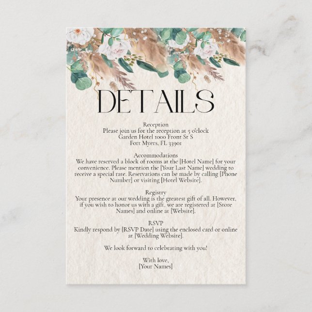 Sage Green Eucalyptus Pampas Grass Roses Wedding Enclosure Card (Front)