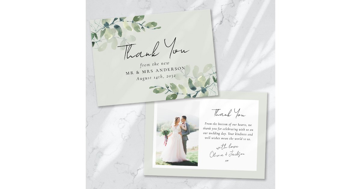 Sage Green Eucalyptus Photo Wedding Thank You Card | Zazzle