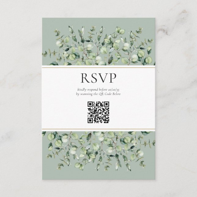 Sage Green Eucalyptus QR Code Wedding RSVP  Enclosure Card (Front)