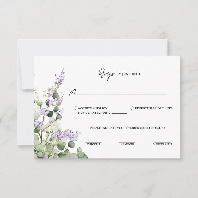 Sage Green Eucalyptus RSVP Card with Lilac Florals (Front)