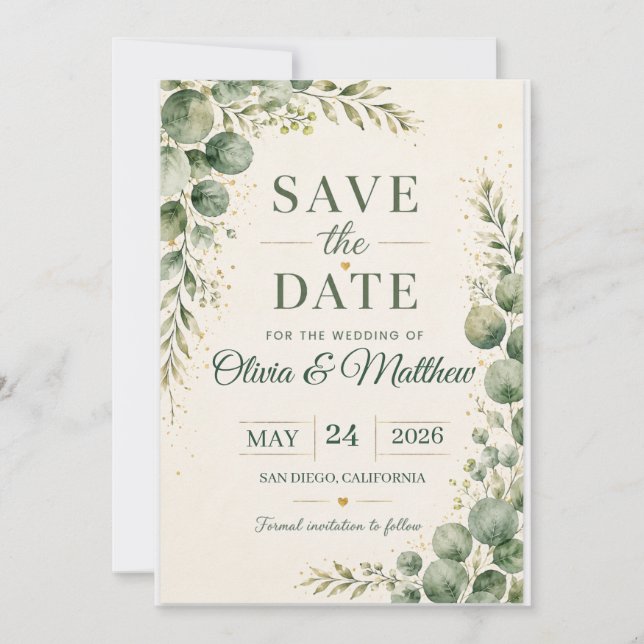 Sage Green Eucalyptus Save the Date Card (Front)
