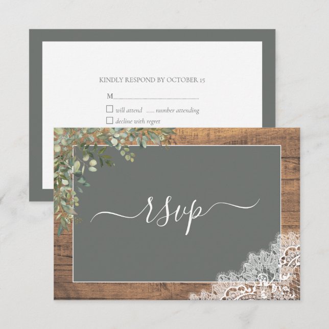 Sage Green Eucalyptus Script Lace Wood RSVP (Front/Back)