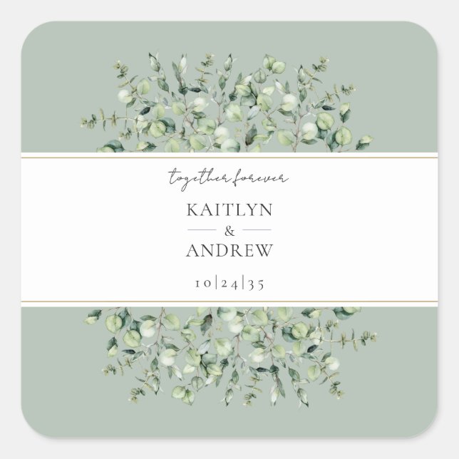 Sage Green Eucalyptus Together Forever Wedding  Square Sticker (Front)