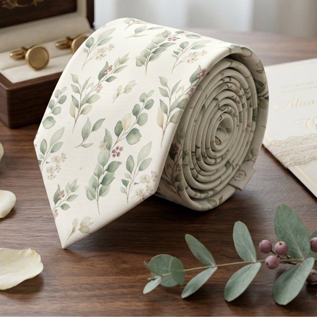 Sage Green Eucalyptus Watercolor Boho Tie (Creator Uploaded)