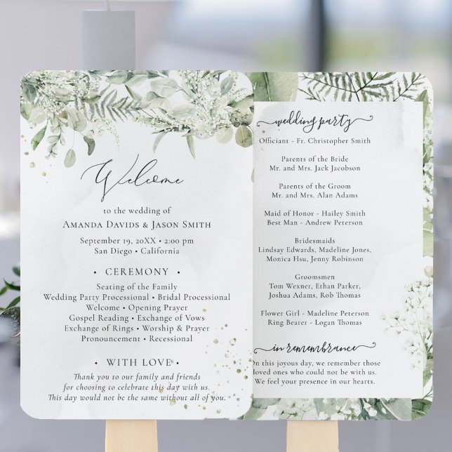 Sage Green Eucalyptus Wedding Ceremony Program Han Hand Fan (Creator Uploaded)