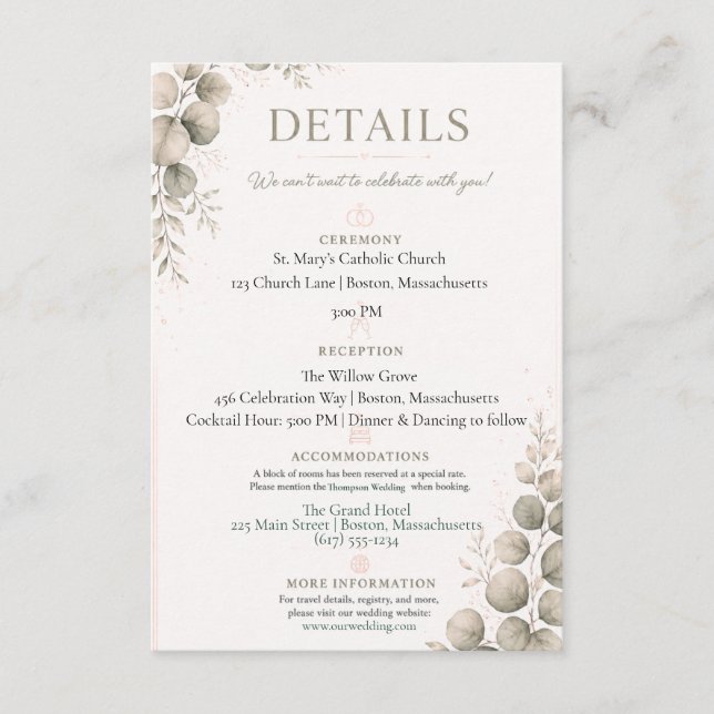Sage Green Eucalyptus Wedding Details Card (Front)