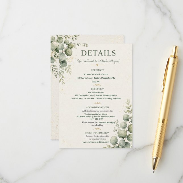 Sage Green Eucalyptus Wedding Enclosure Card (Front/Back In Situ)