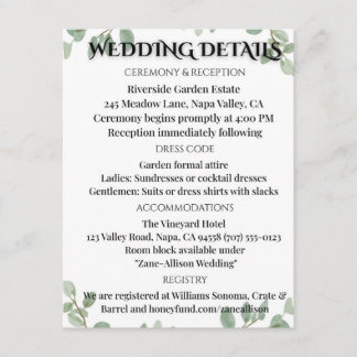 Sage Green Eucalyptus Wedding Info Card