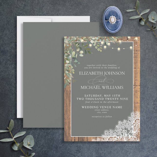 Sage Green Eucalyptus Wood Lace Script Wedding Invitation (Creator Uploaded)