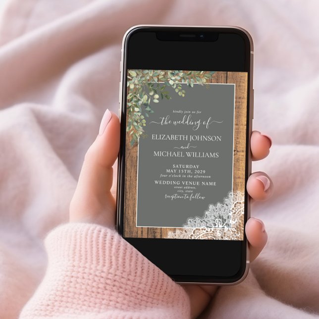 Sage Green Eucalyptus Wood Lace Script Wedding Invitation (Creator Uploaded)
