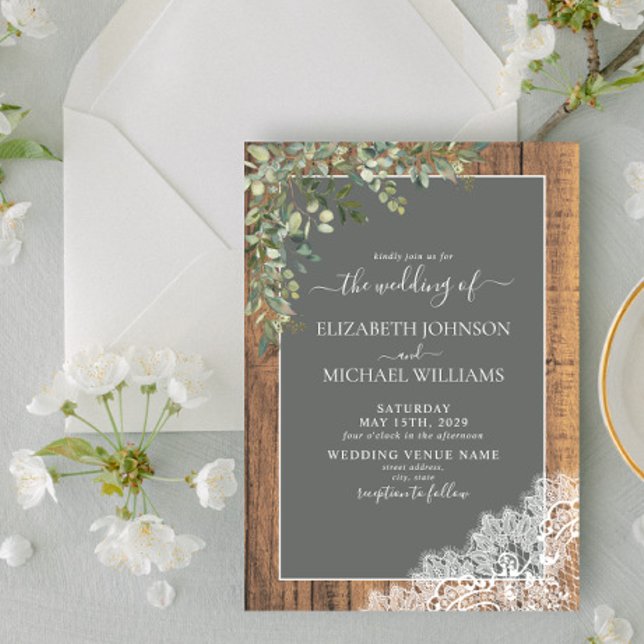 Sage Green Eucalyptus Wood Lace Script Wedding Invitation (Creator Uploaded)