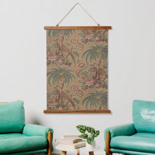 Sage Green Exotic Bird Palm Botanical Pattern Hanging Tapestry