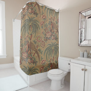 Sage Green Exotic Bird Palm Botanical Pattern Shower Curtain