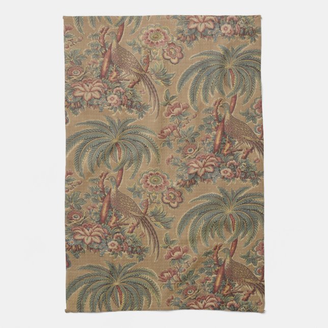 Sage Green Exotic Bird Palm Botanical Pattern Tea Towel (Vertical)