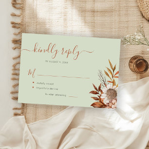 Sage green fall boho botanical floral wedding RSVP card